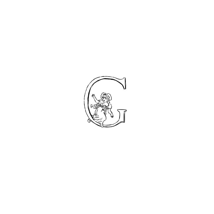 An illustration of a letter G with a girl sitting inside.