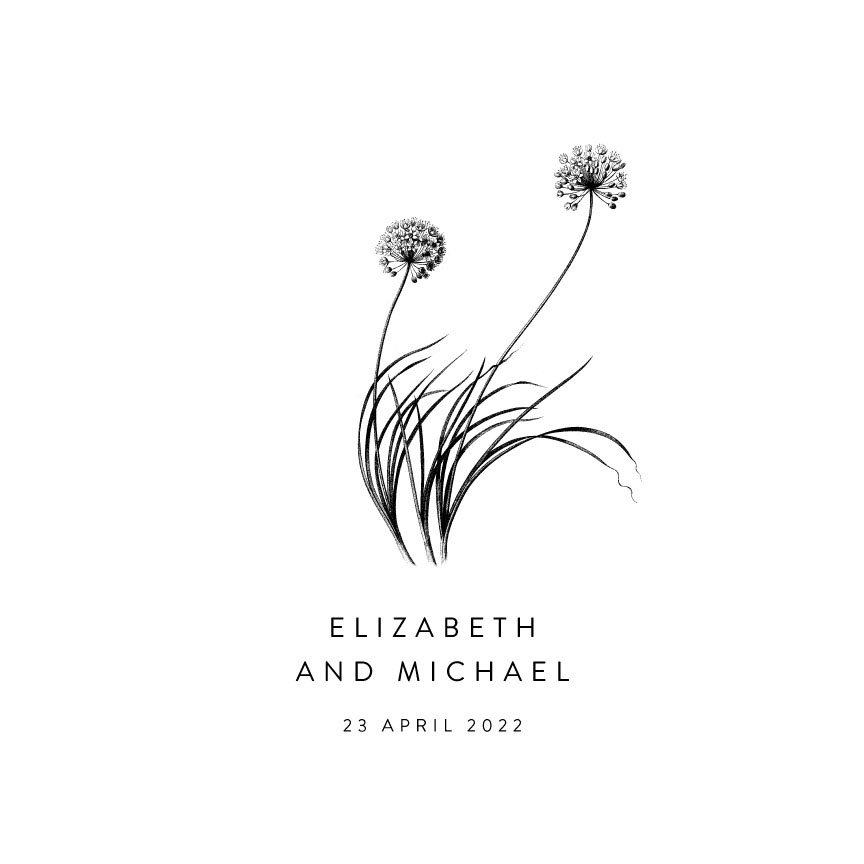 Black and white illustration of two dandelion flowers with long, curved leaves. Below, the text reads "Elizabeth and Michael" and "23 April 2022."