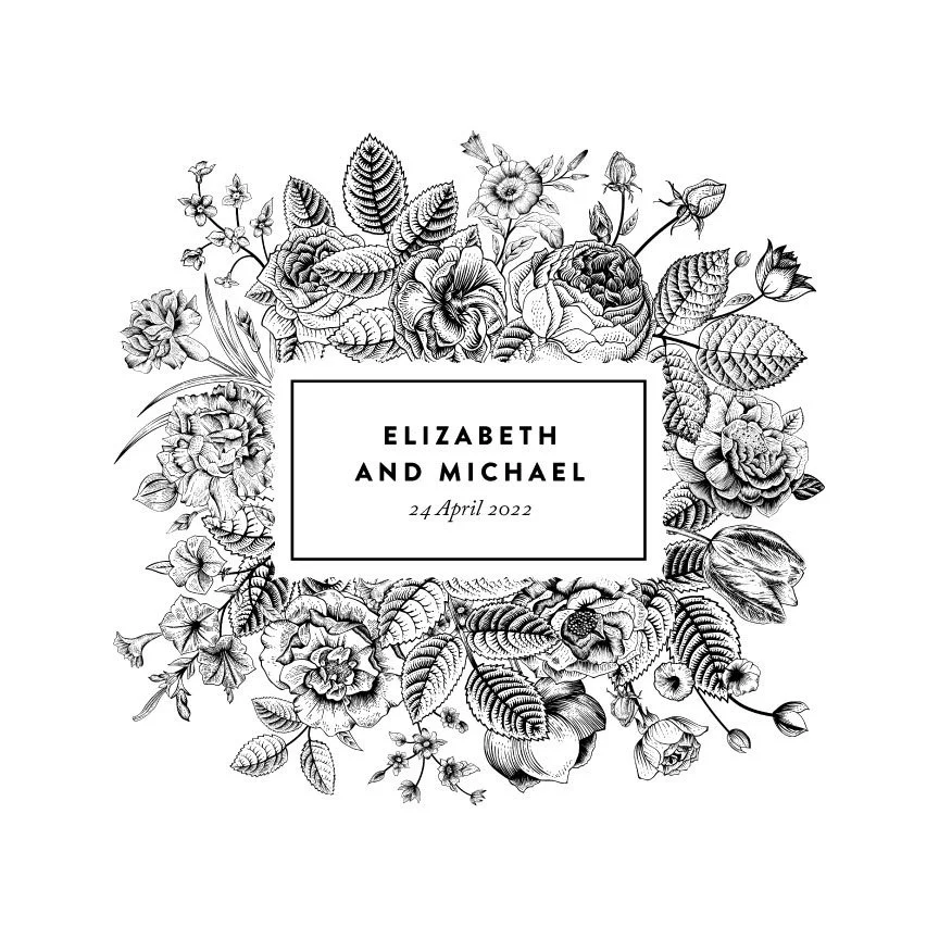 Black and white floral wedding invitation with the names Elizabeth and Michael and the date 24 April 2022 in the center.