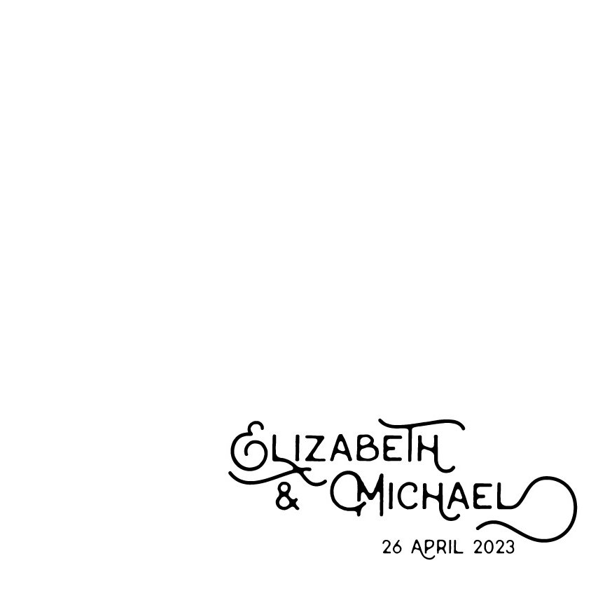 Black handwritten style wedding invitation with names Elizabeth and Michael, and wedding date April 26, 2023, in the bottom right corner.