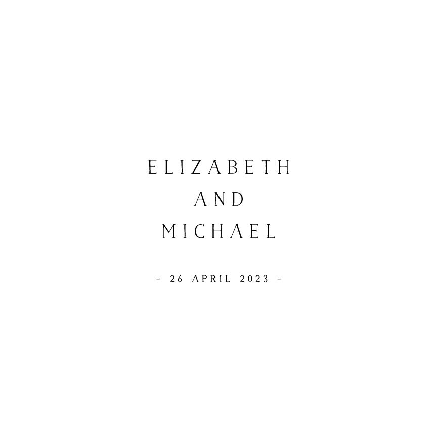 Wedding invitation with minimalist black text on a white background, featuring the names Elizabeth and Michael, and the date 26 April 2023.