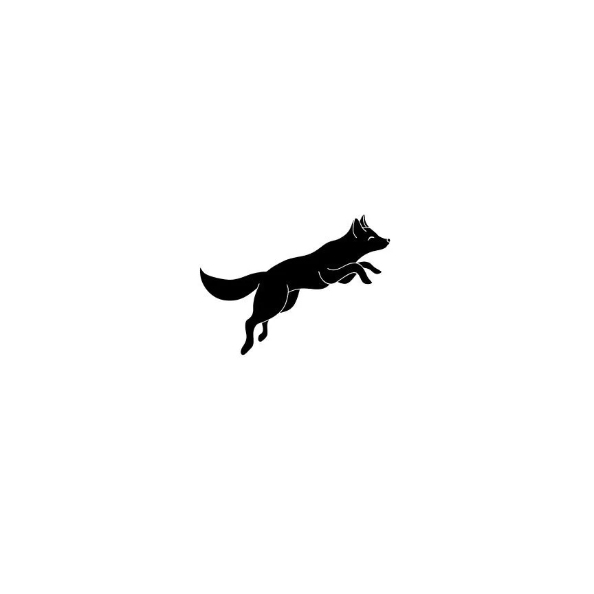 A black silhouette of a fox in mid-leap against a white background.