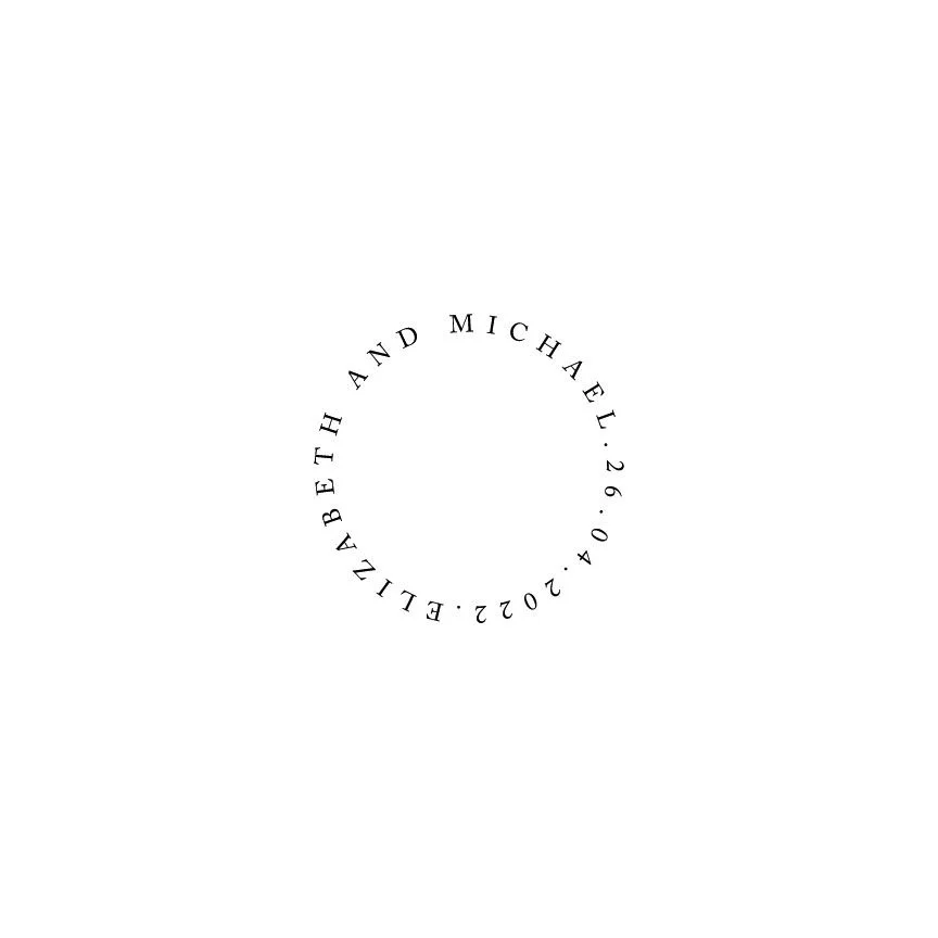 Circular text with event details reading 'Beth and Michael, 04.26.2022, Eliza Z.' on a white background.