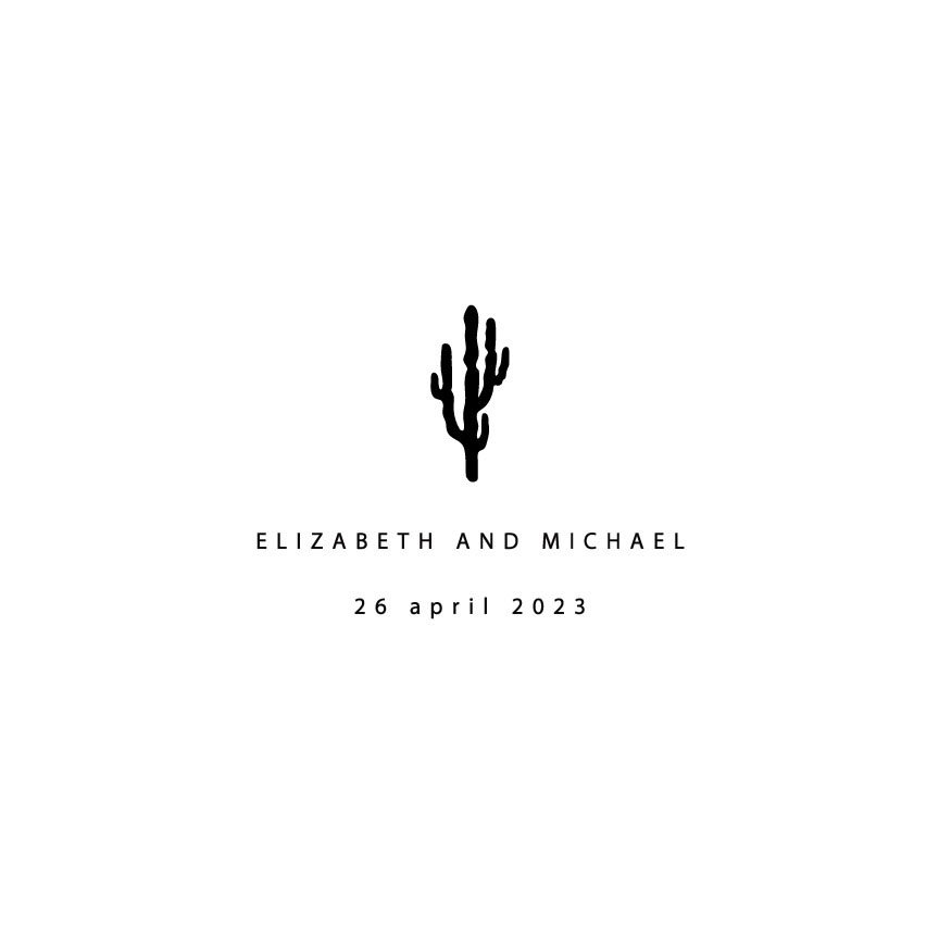 Minimalist wedding invitation with a black cactus illustration and the names Elizabeth and Michael, date April 26, 2023, on a white background.