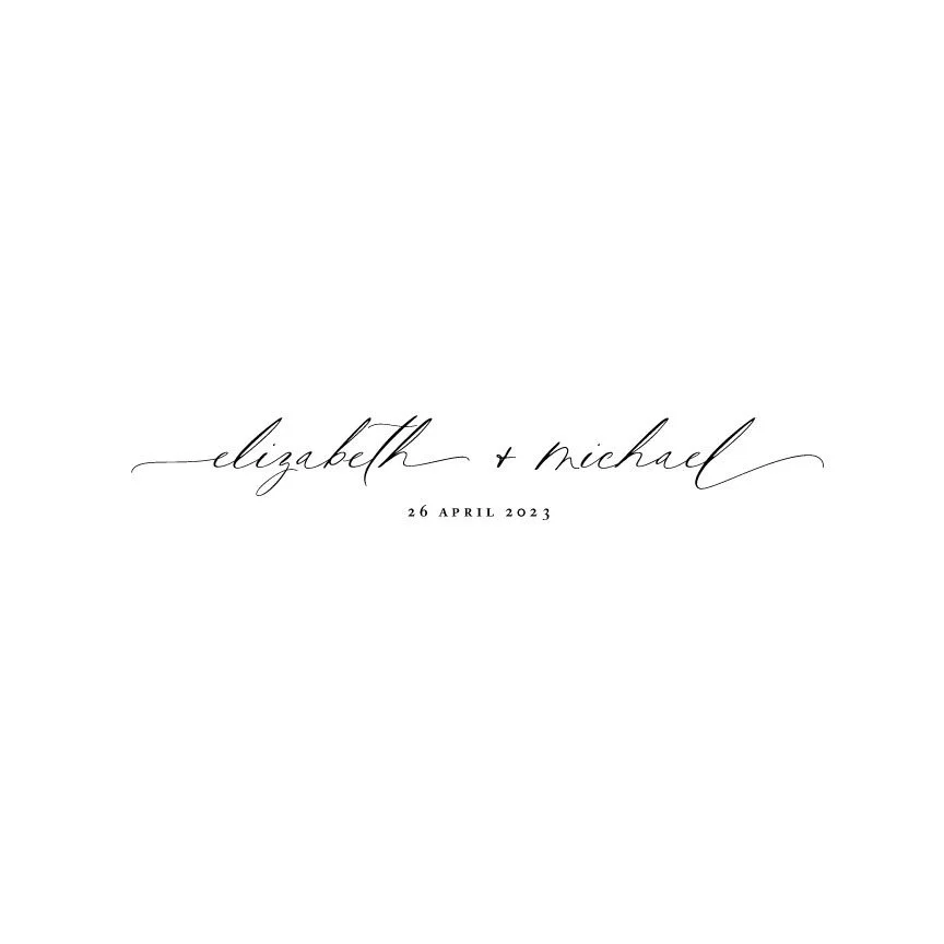 Wedding invitation with elegant cursive text of names Elizabeth and Michael, and wedding date April 26, 2023, on a white background.
