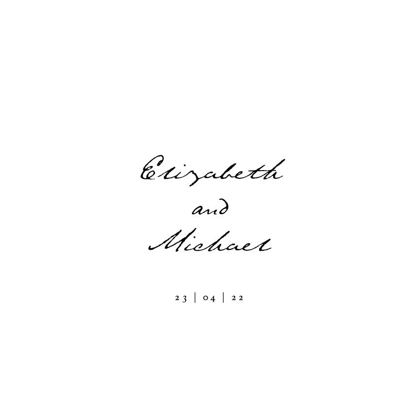 Wedding invitation with names Elizabeth and Michael, and date 23/04/22 in cursive script.