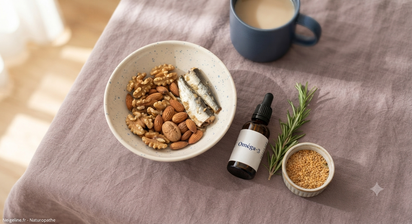Composition d'aliments riches en oméga-3 pour la peau et le métabolisme, conseillée par Neigeline Bunet, naturopathe à Tours (La Riche)