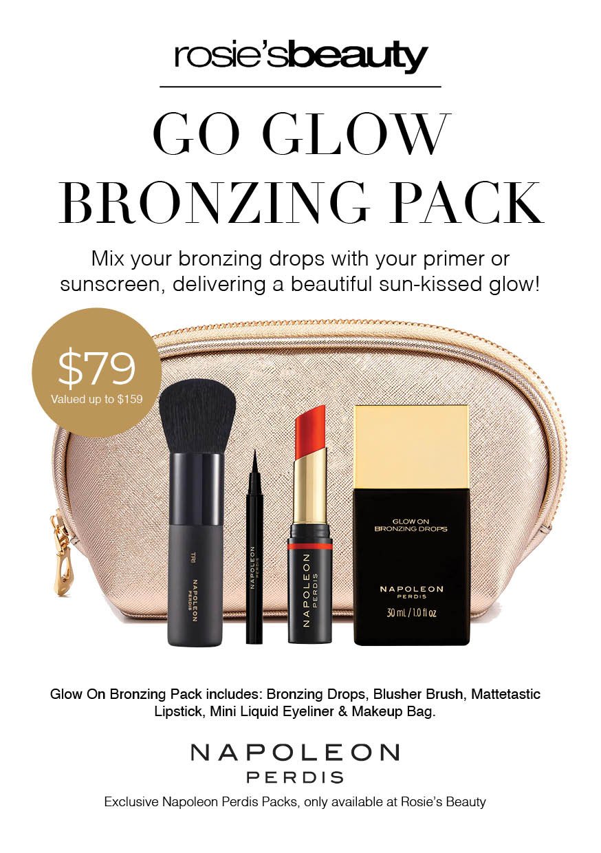 Rosie's Beauty advertisement for Go Glow Bronzing Pack, priced at $79, includes bronzing drops, blush brush, matte lipstick, mini liquid eyeliner, and makeup bag. Features a cosmetic bag and makeup products.