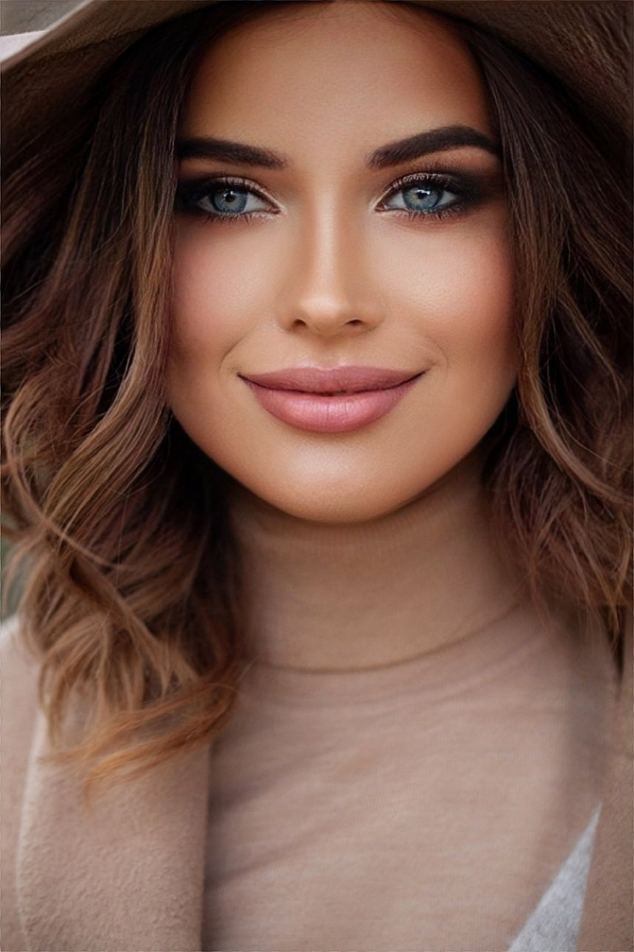Close-up of a woman's face, showing her blue eyes, brown wavy hair, and a beige hat, with a gentle smile.