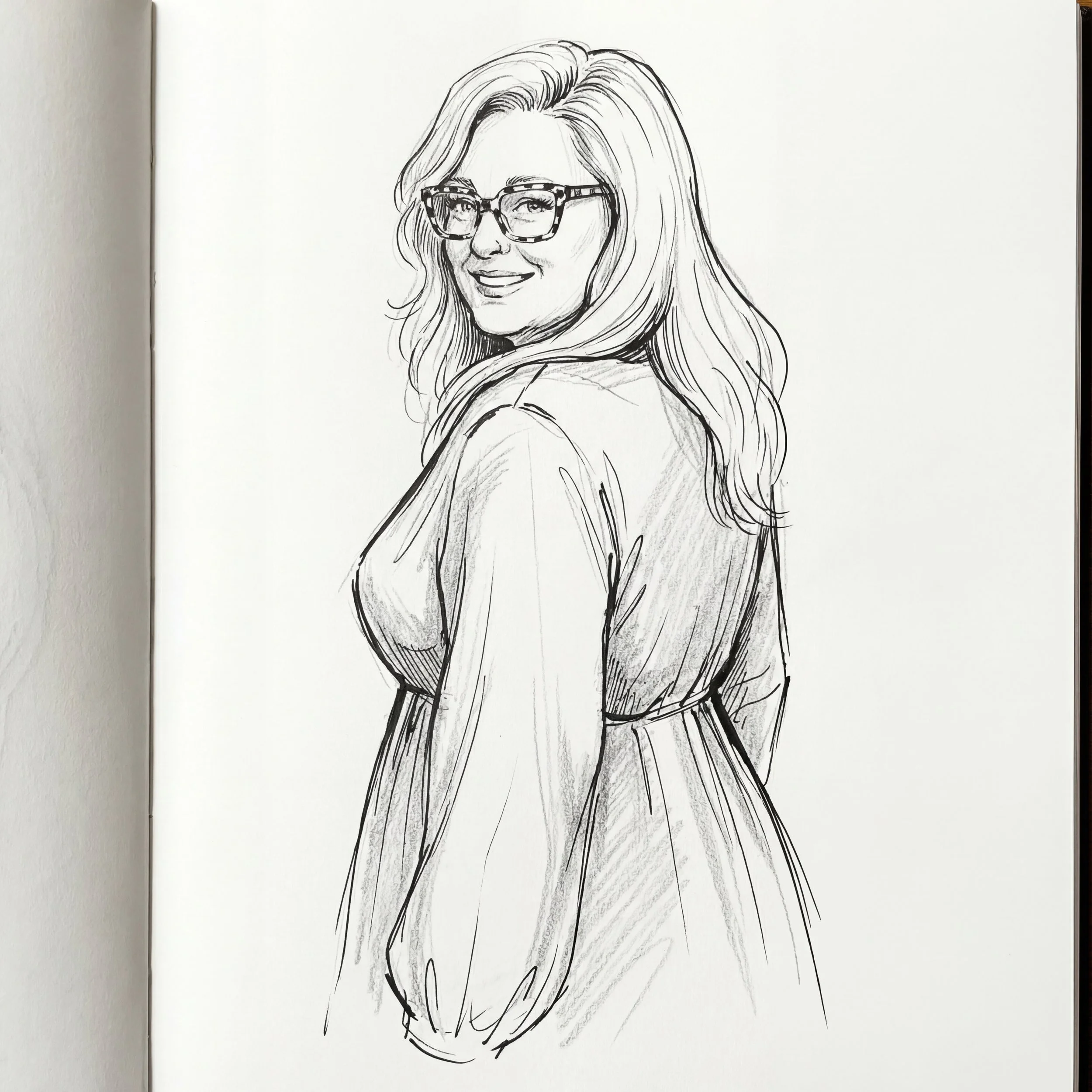 Elegant Back-View Line Sketch AI Prompt