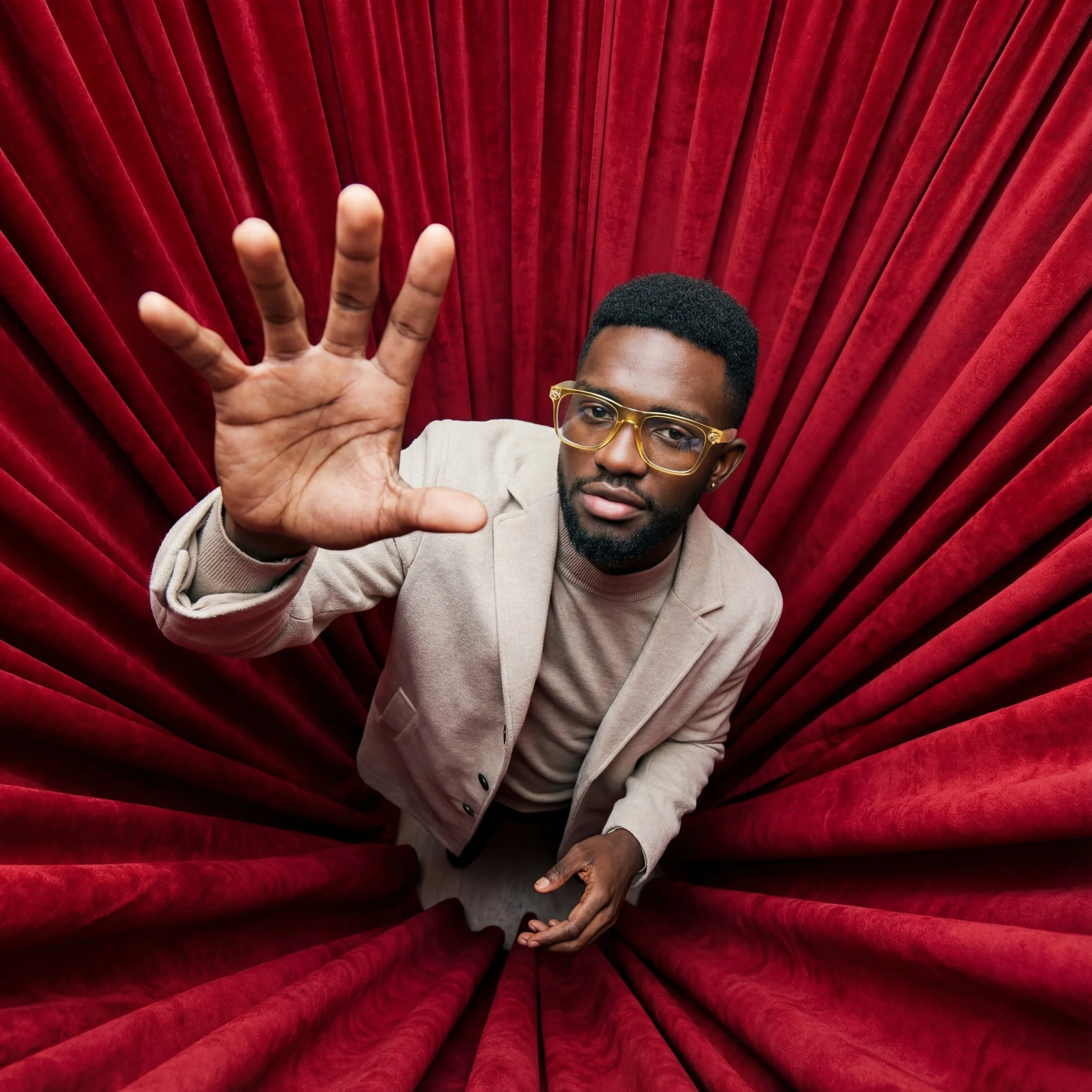High-Angle Ai Photo Booth Prompt — Red Curtain Studio Look