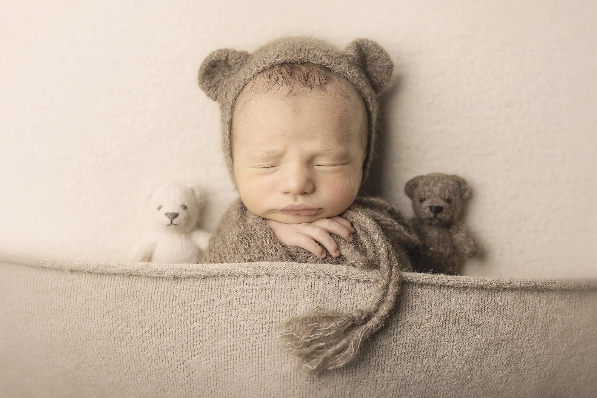 baby asleep with teddy bears, newborn photoshoot, sydney