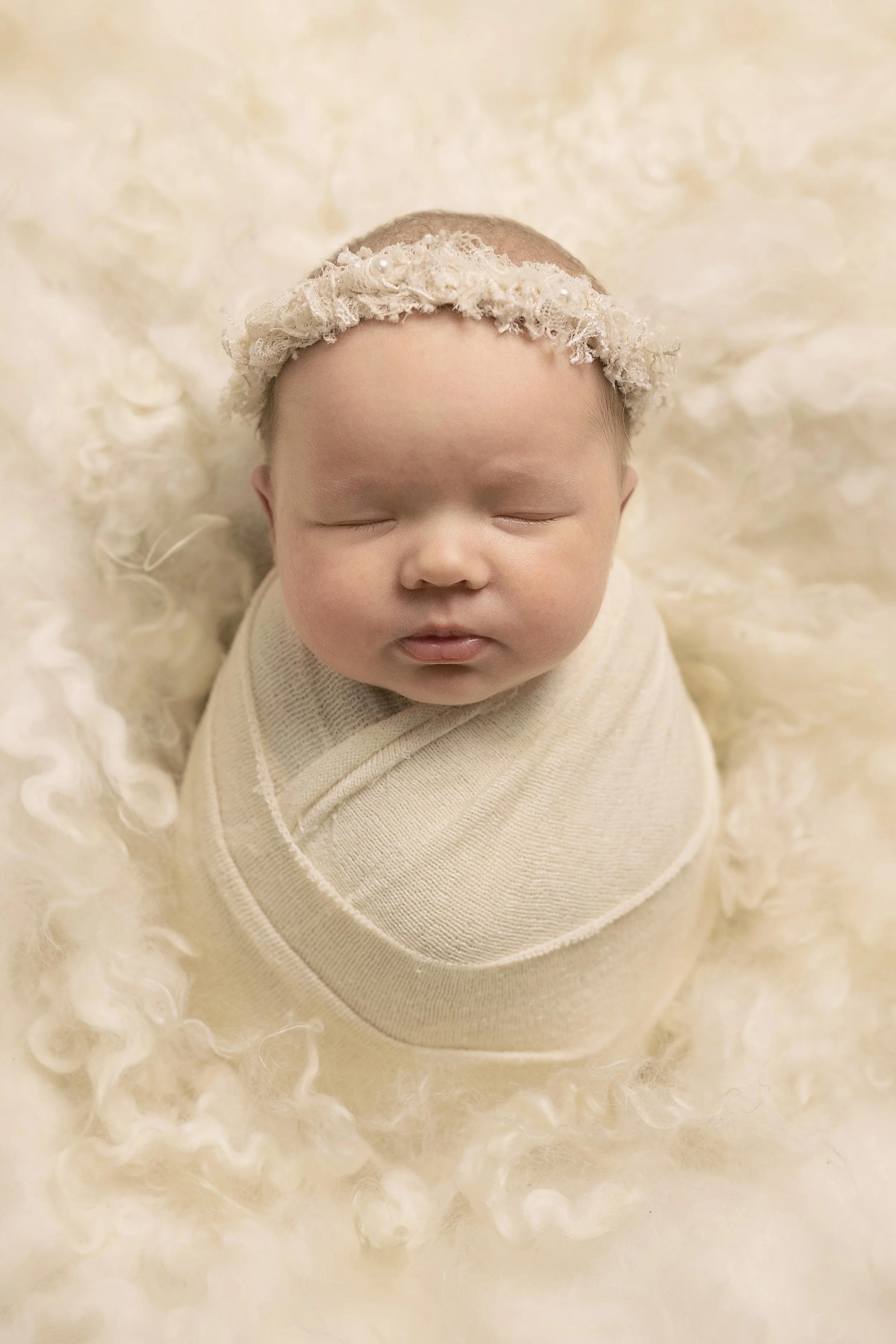 baby girl newborn photographer penrith asleep cream wrapped mini session