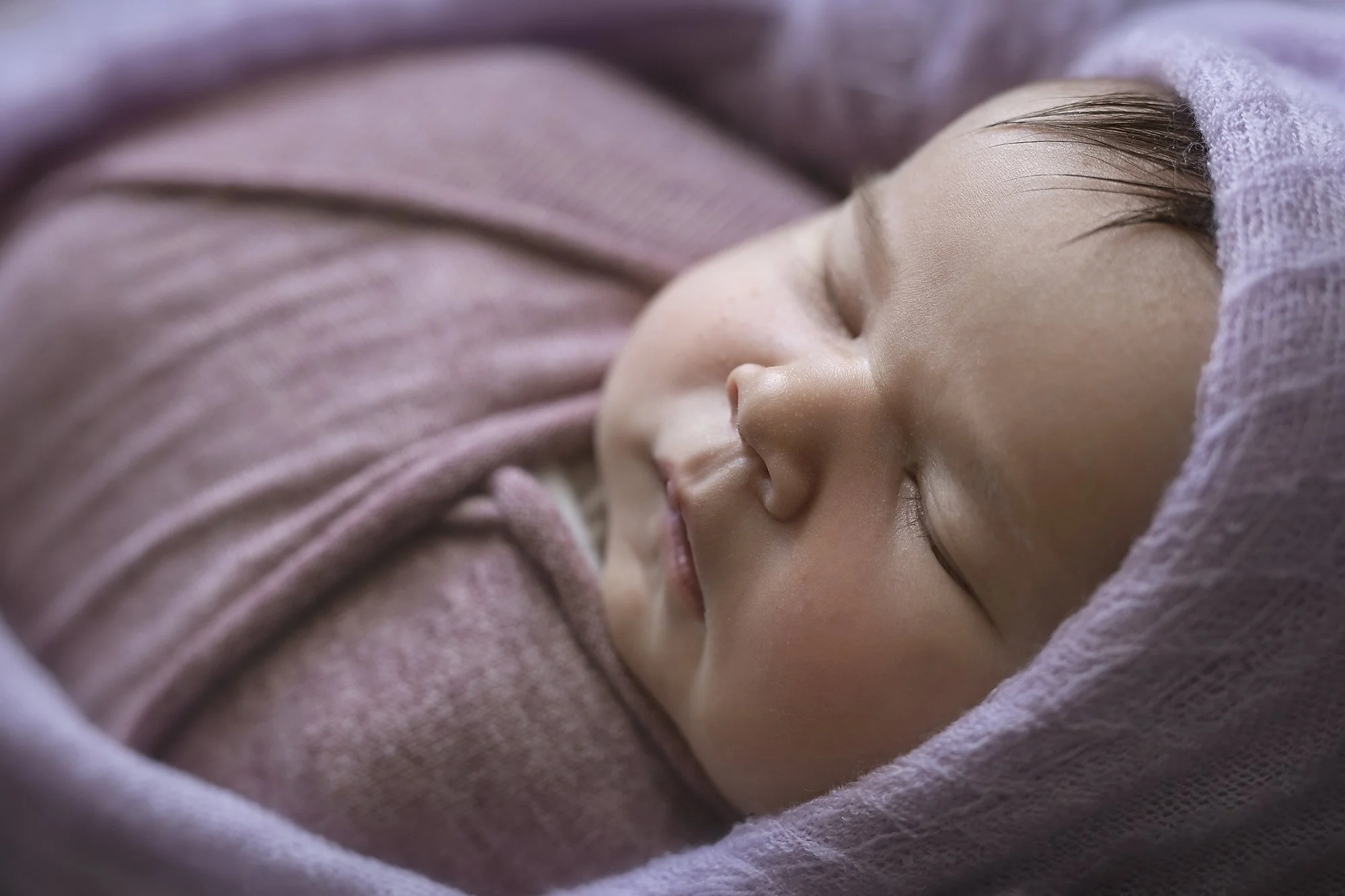 baby asleep wrapped in purple, newborn photography blue mountains