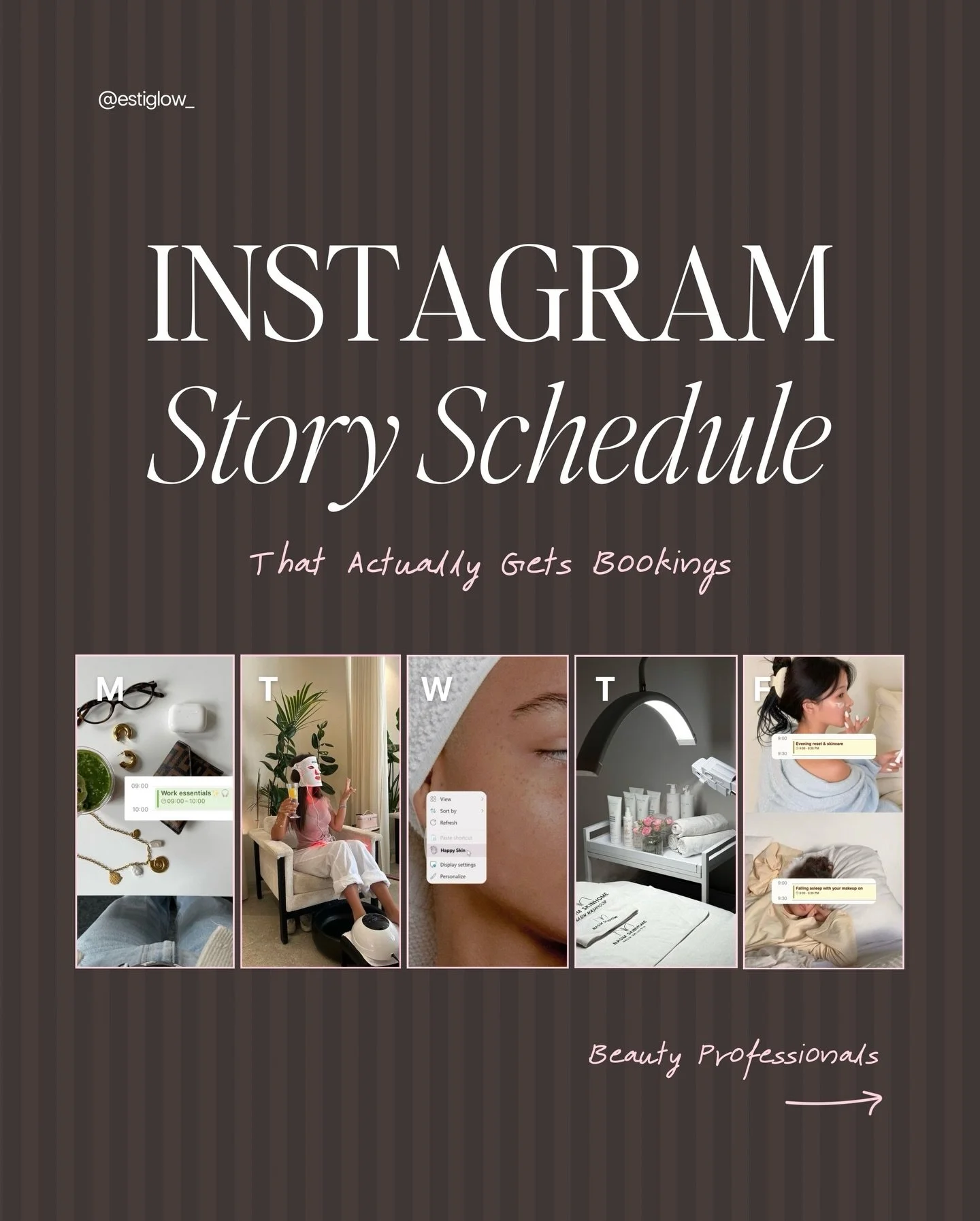 Beauty professionals, save this Instagram story schedule so you can use it this week ➡️

Are your stories actually converting into clients? They should be! Follow this simple formula to get going on your story shares 🩷 For more tips along with Insta