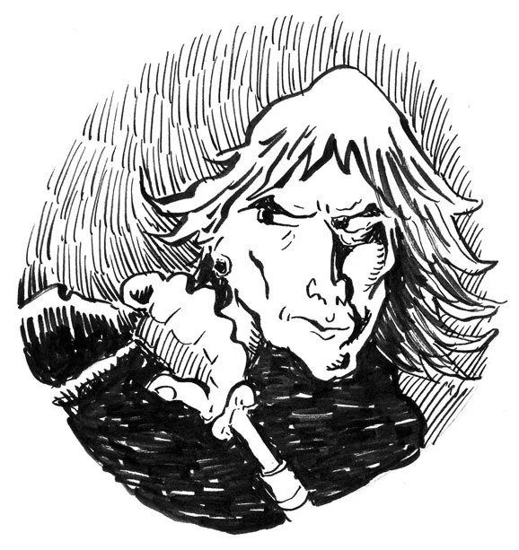 Ink drawing of a rough looking adventurer