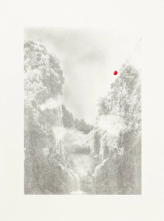 Falls at Dusk Hand finished screenprint with graphite powder and ink on 300gsm Somerset White Satin paper with a deckled edge Paper size 38.5 x 28.5 cm, Image size 29 x 20 cm Variable edition of 20 2020Read more about this artwork