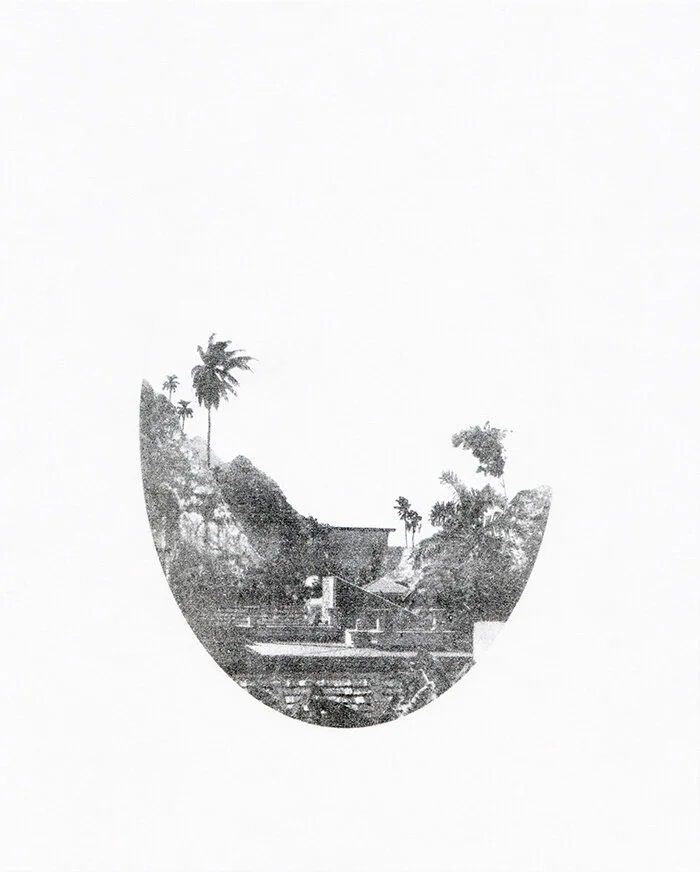 Emerald Mount (West) Oval Monochrome Palm Tree And Architecture Landscape Art Print By Sherrie-Leigh Jones