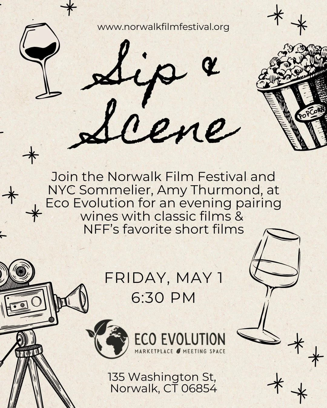 We're back with another Sip &amp; Scene event on May 1st at 6:30pm! Hosted once again by our friends at @ecoevolutionco . Join NFF &amp; NYC Sommelier Amy Thurmond for a evening of pairing classic movies, NFF favorite shorts, and amazing wines! Ticke