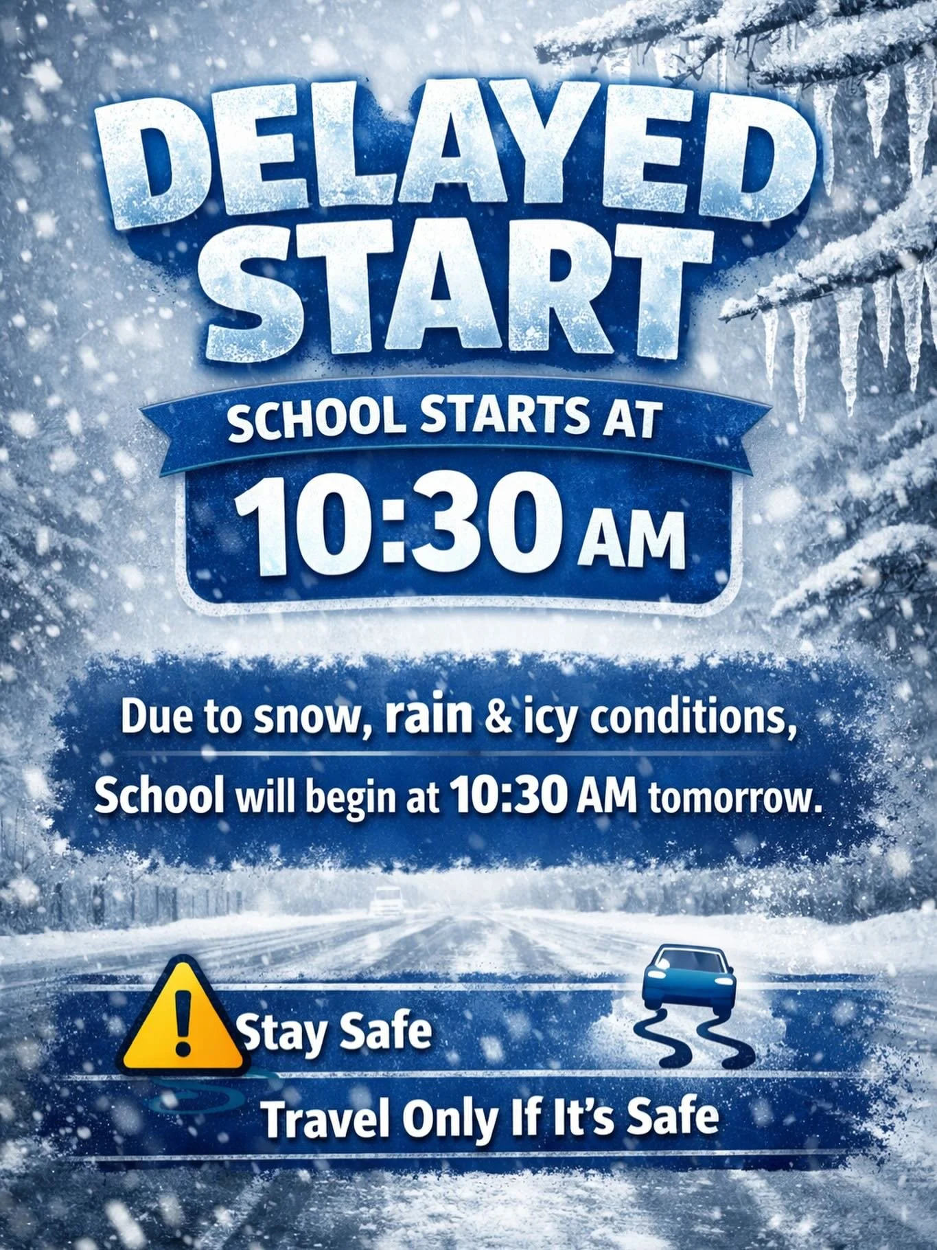 ⚠️ Weather Update ⚠️
School starts at 10:30 AM tomorrow due to icy conditions. Stay safe!