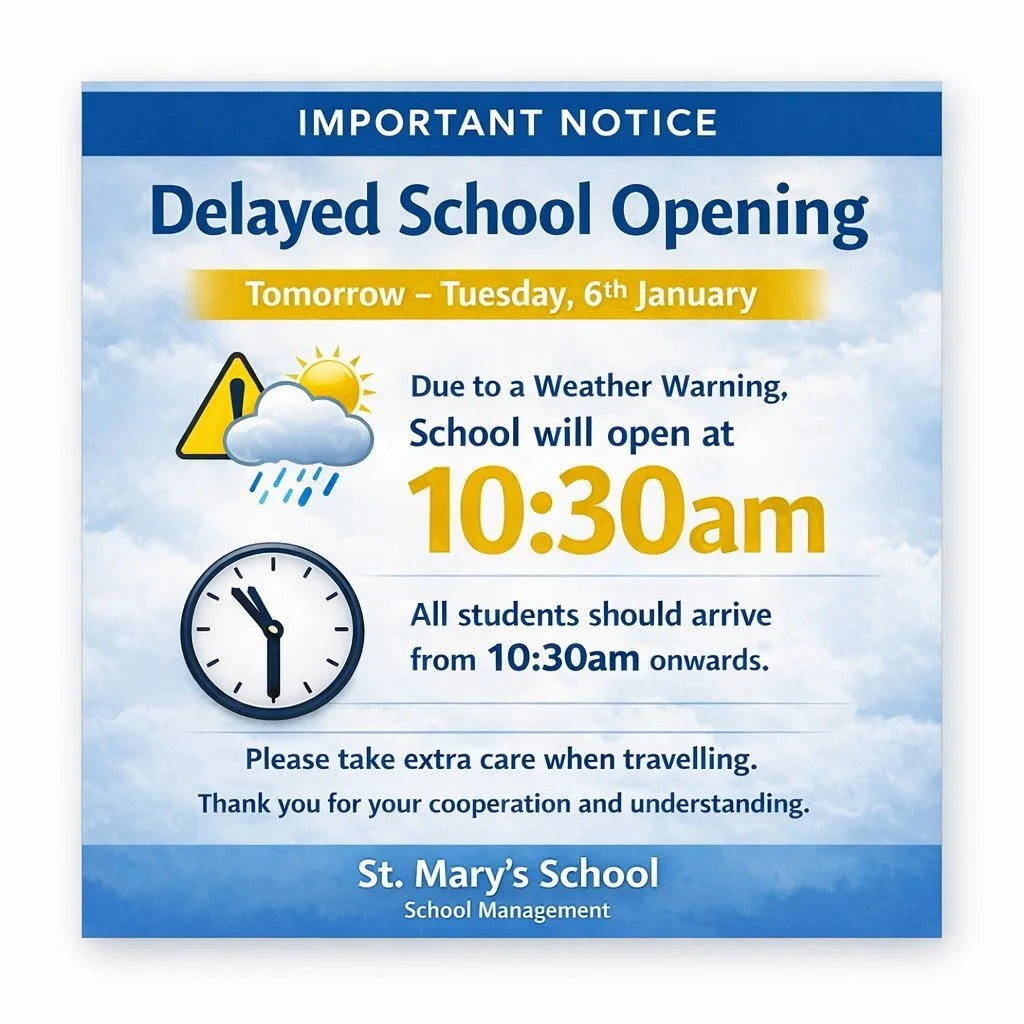 ⚠️ Weather Update ⚠️
School starts at 10:30 AM tomorrow due to weather warning. Stay safe!
