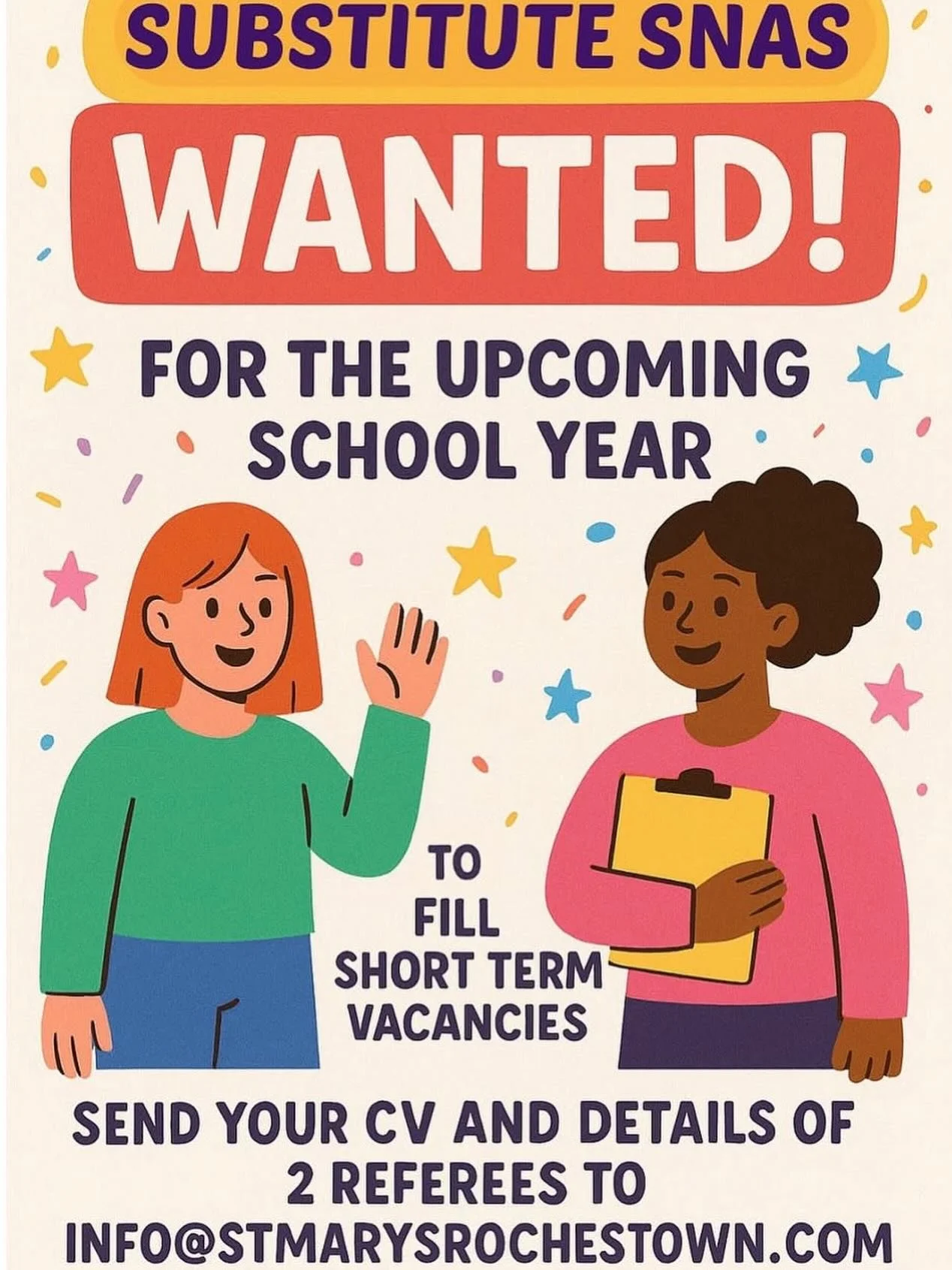 We&rsquo;re updating our substitution list for the remainder of the school year.

If you&rsquo;d like to be considered to fill short term vacancies send your CV along with details of 2 referees to info@stmarysrochestown.com

#jobopportunity #corkjobs