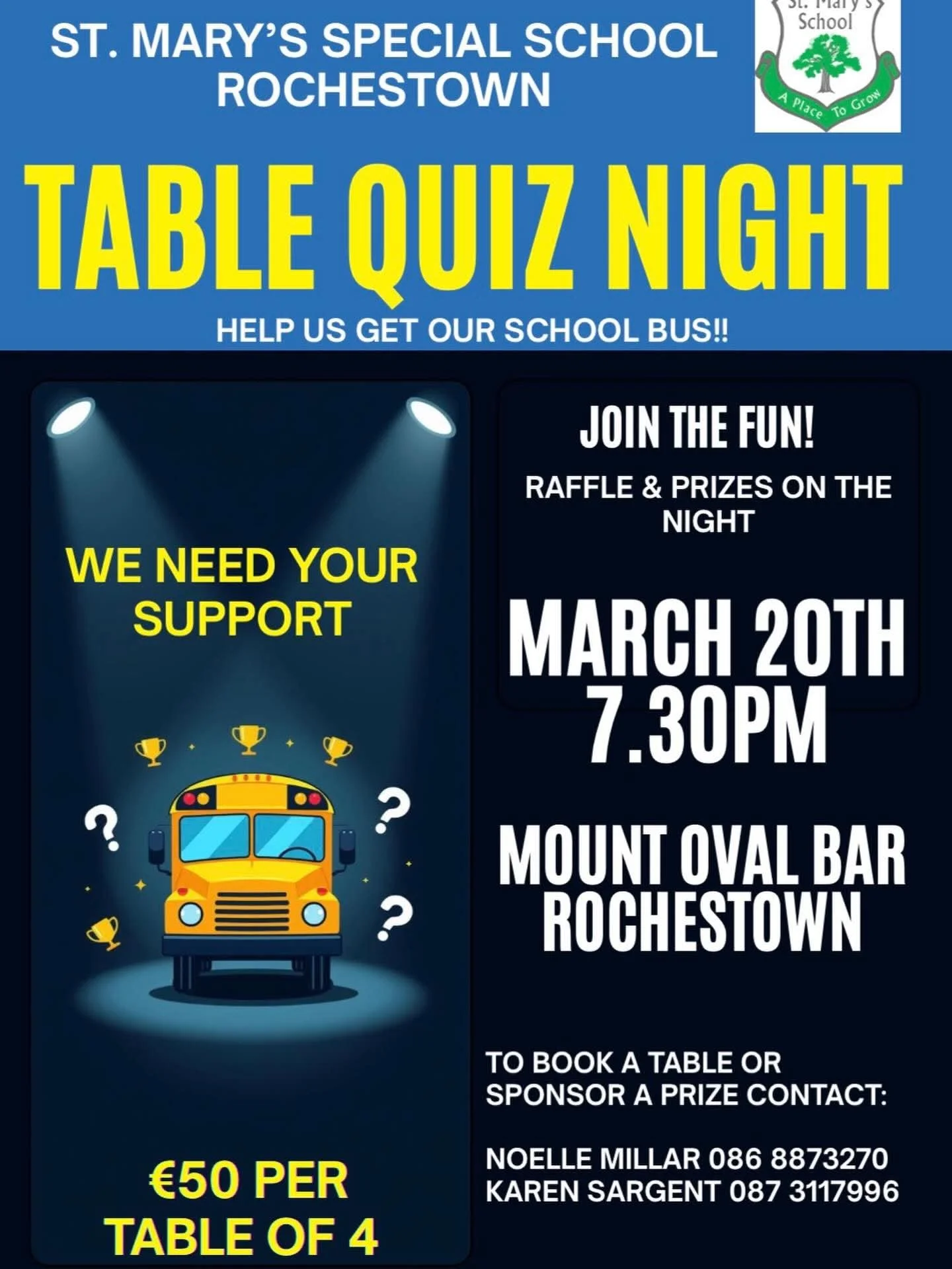 Don't forget - Our wonderful Parents Association have organised a Table Quiz on Friday 20th March to help us raise money for a much needed school bus! 🚌 
It promises to be an evening full of fun and fabulous prizes. Tables cost &euro;50 for a group 