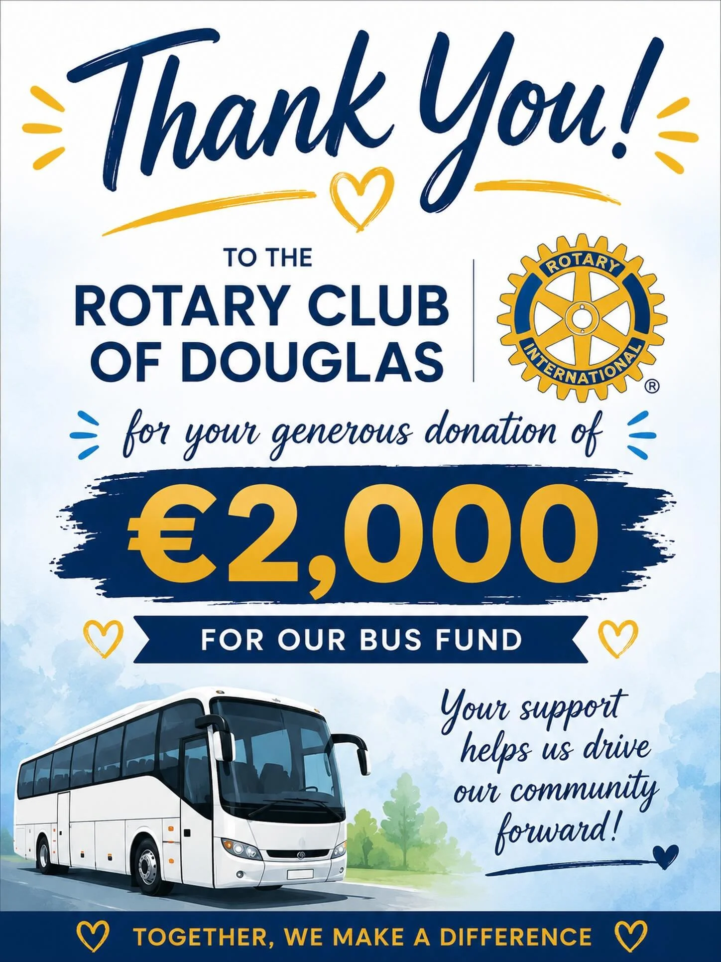 Huge thanks to the Rotary Club of Douglas for their fantastic &euro;2,000 donation to our bus fund! Your generosity and community spirit are helping us get closer to our goal. 🚍💙 #ThankYou #CommunitySupport #RotaryClubOfDouglas