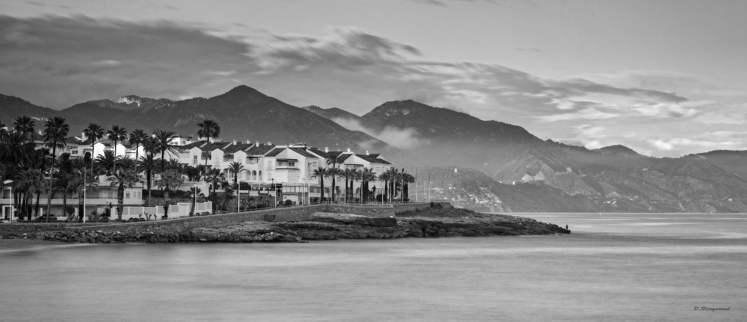 Black and white photo of a coastal area with seaside houses and palm trees, mountains in the background, and a cloudy sky.
