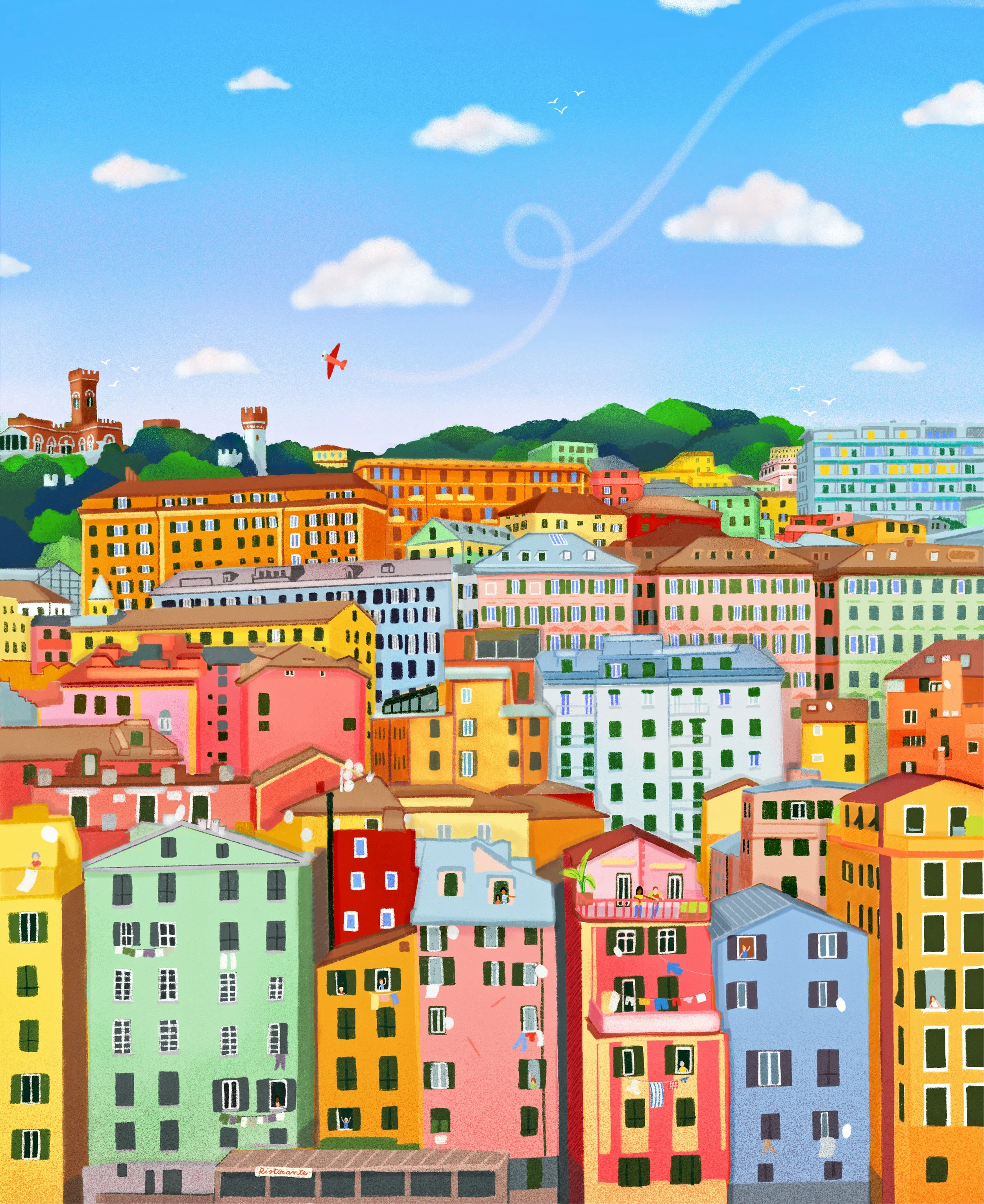 Stampa di Genova vista dal Museo Galata illustrazione originale di Elena Domenichini