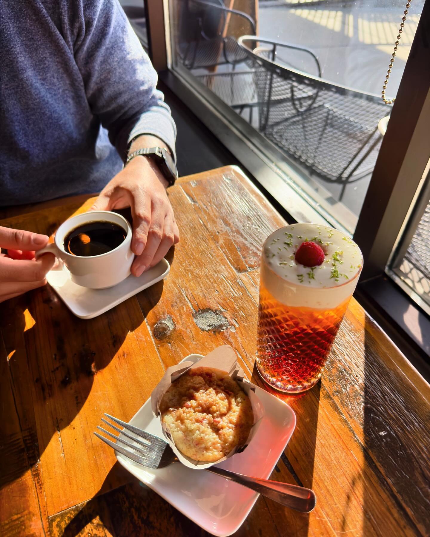 RASPBERRY RAIN 
house made raspberry syrup &bull; PG cold brew &bull; lime zest cold foam 
|
|
| 
PG officially has new pastries made in house! Come try some today! 

#provingground #provinggroundcafe #cafe #coffeeshop #coffeehouse #coffee #breakfast