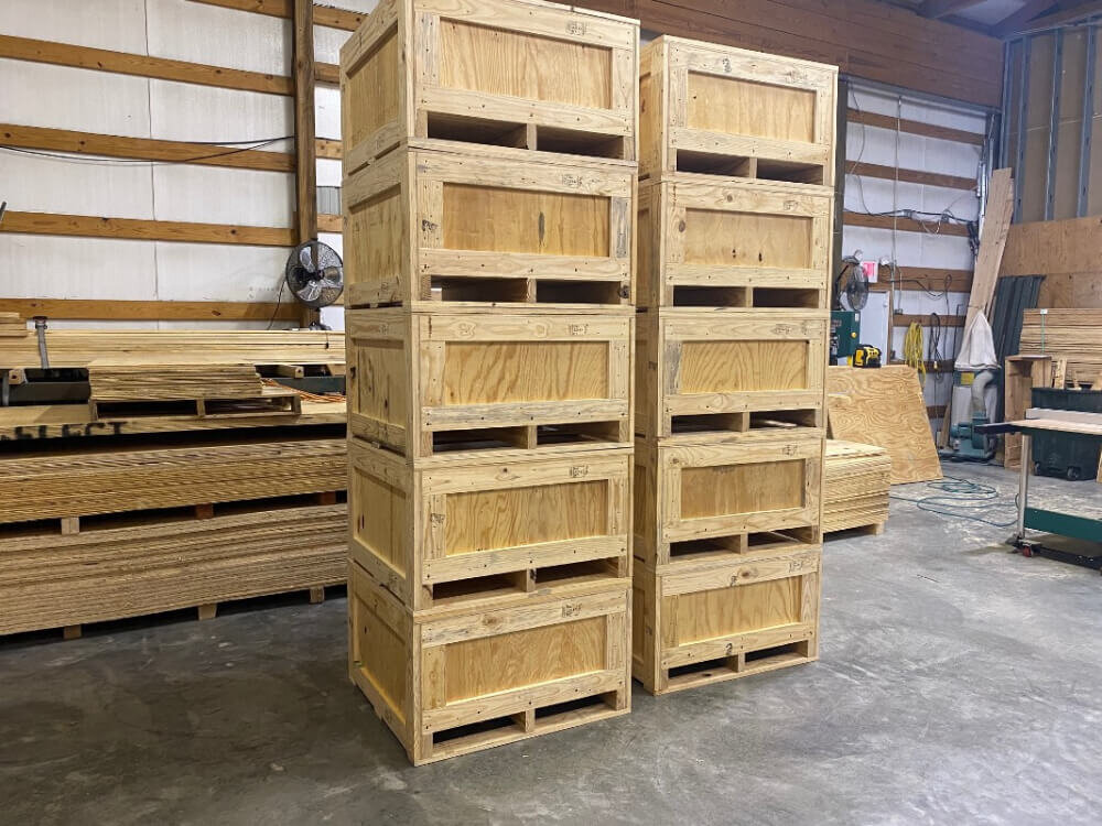 stackable wood crating and wooden shipping containers