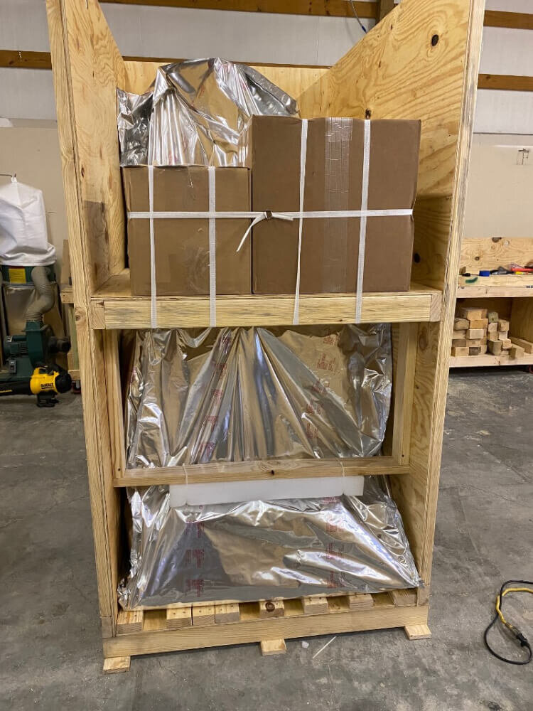 aluminum foil vapor barrier packaging on wood crating