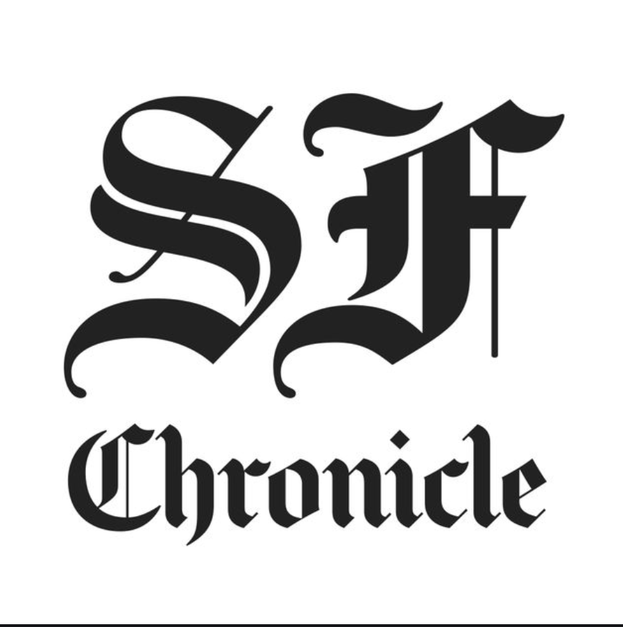 A logo with the letters 'SF' in stylized black Gothic font, above the word 'Chronicle' in a similar Gothic style.