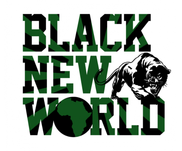 Design with the words "Black New World" in bold black and green letters and a black panther. Contains a black silhouette of Africa.