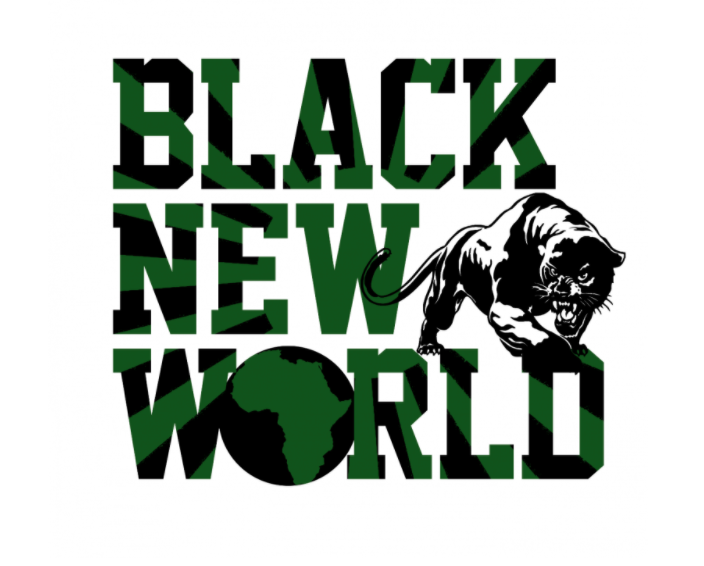 Text says "Black New World" with a panther illustration on the right and a globe replacing the letter "O" in "World".
