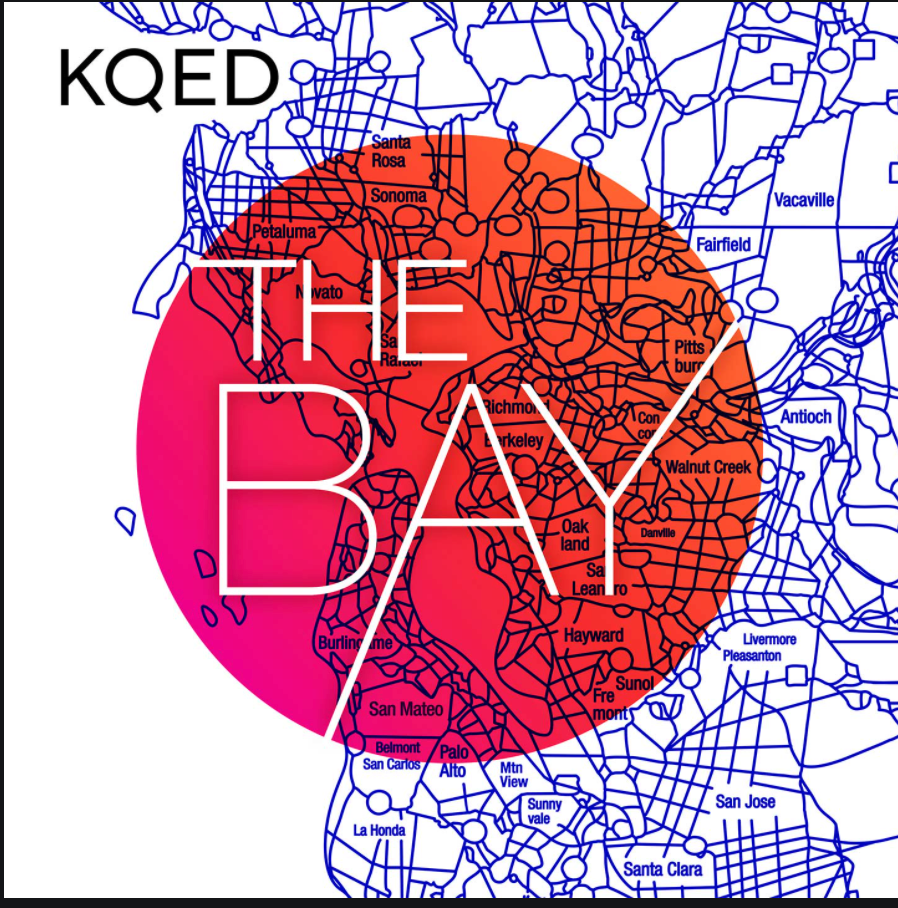 Map of the San Francisco Bay Area with the words "The Bay" overlaid in large white letters, featuring a colorful gradient circle background.