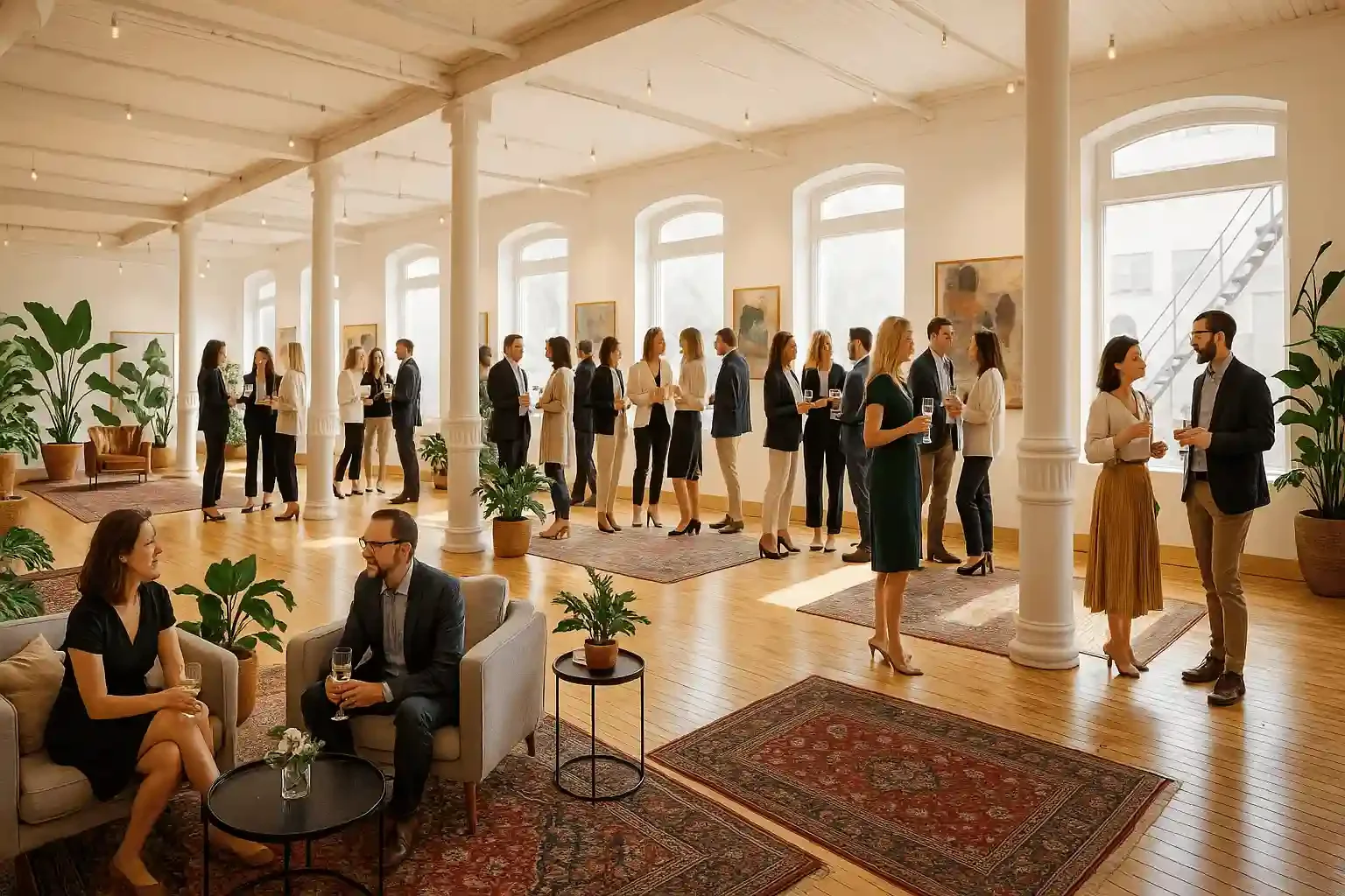 Concept rendering of an art exhibition setup inside Two Zero Four’s heritage event space in Winnipeg.