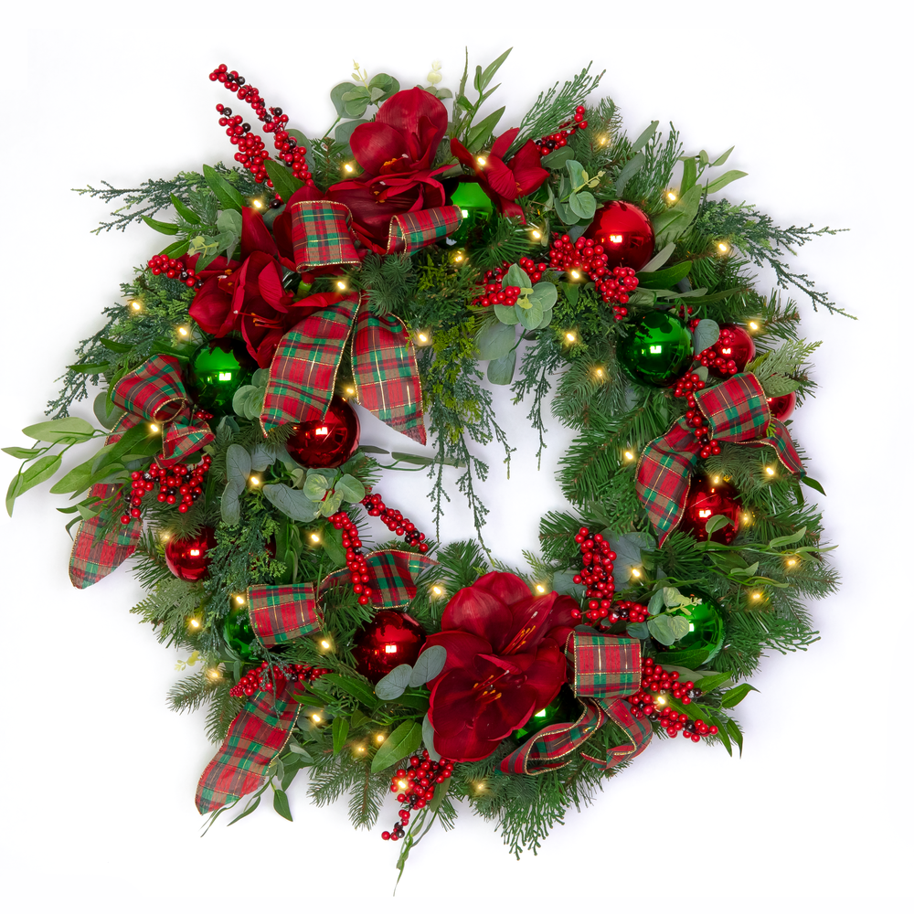 Lighted and Finely Decorated Christmas wreaths and garlands