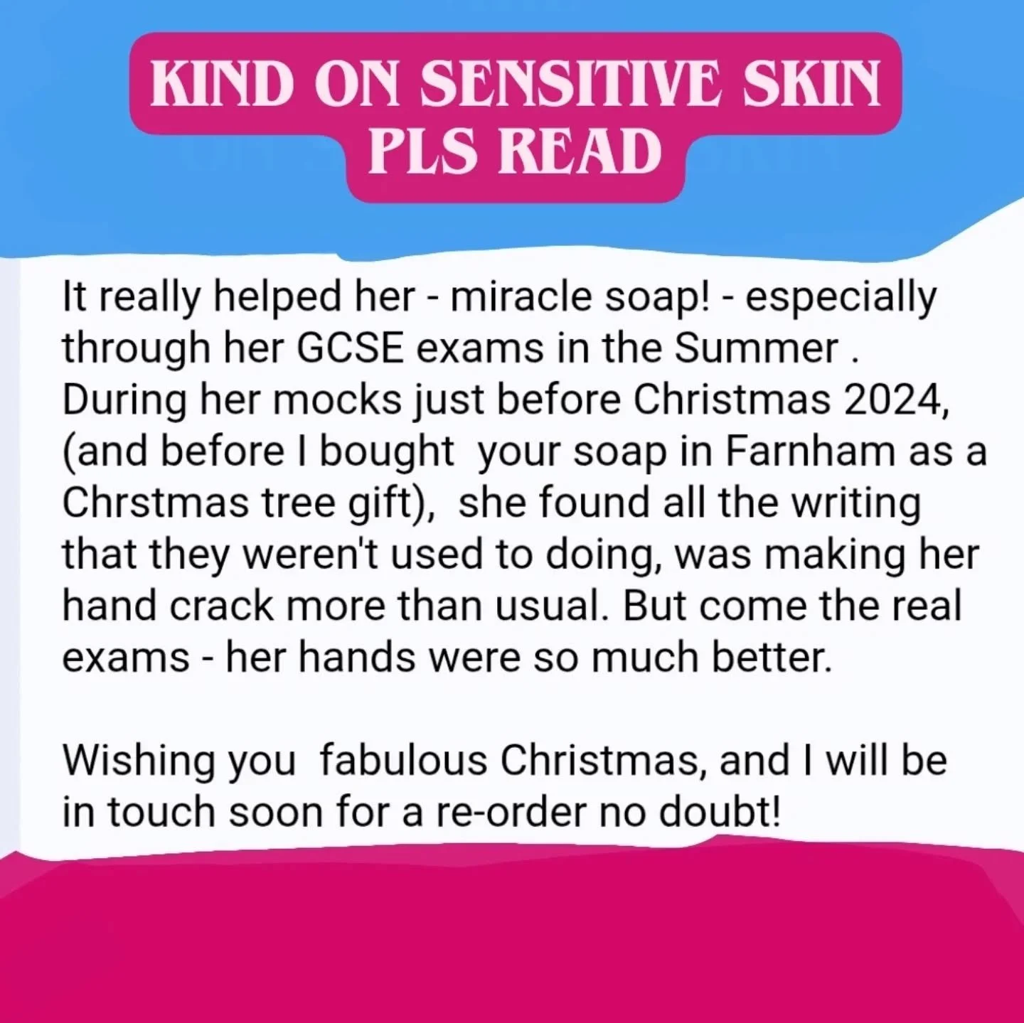 Chuckle Soaps are more than FINE for people with sensitive skin. This dropped in my inbox about 1 minute ago and I wanted to share it so that you know.
People give me this feedback ALL the time.

One woman at the Cotswolds Fair told me that she bough