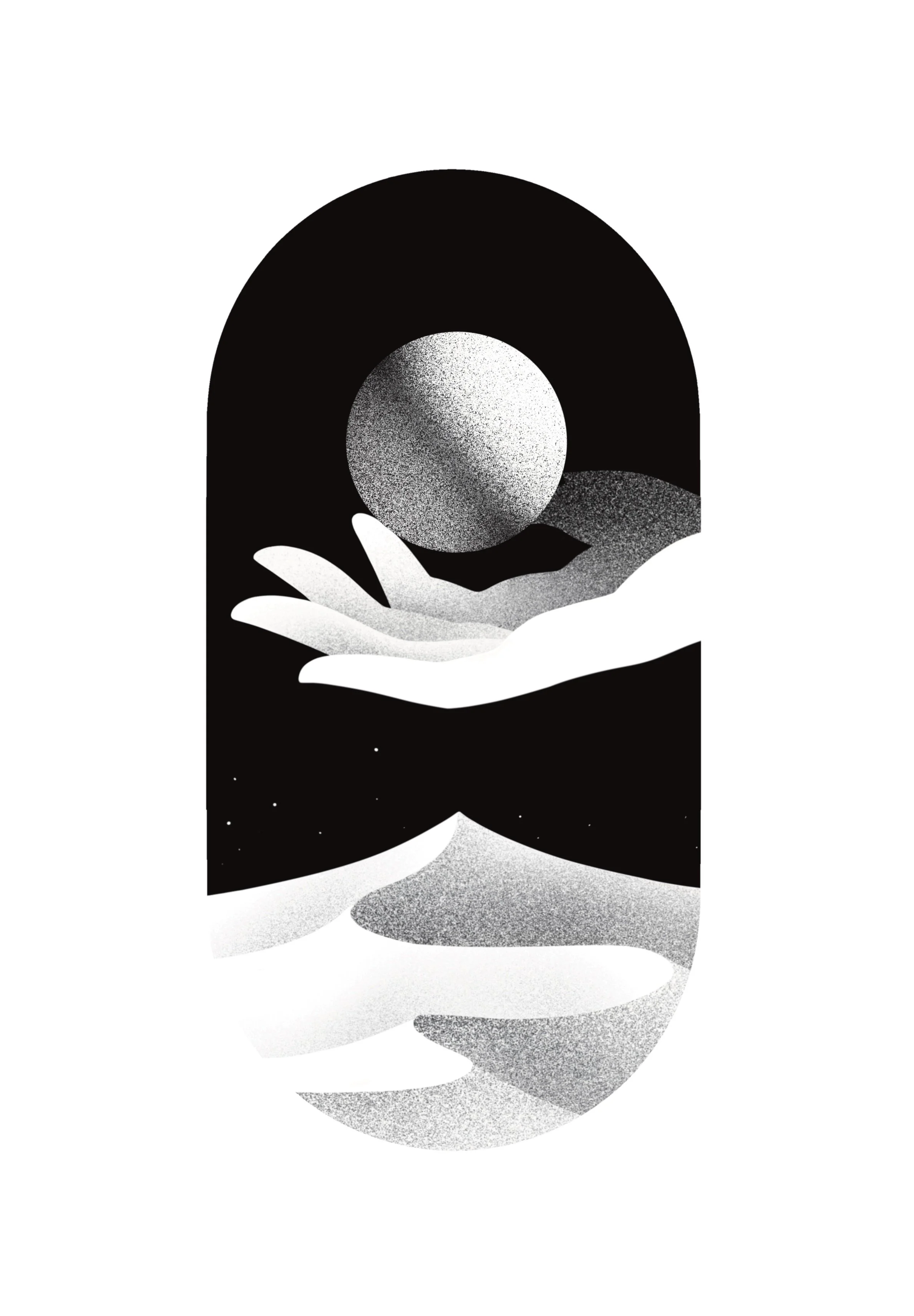 A stylized black and white illustration of a hand holding a sphere, with abstract shapes and layered textures.