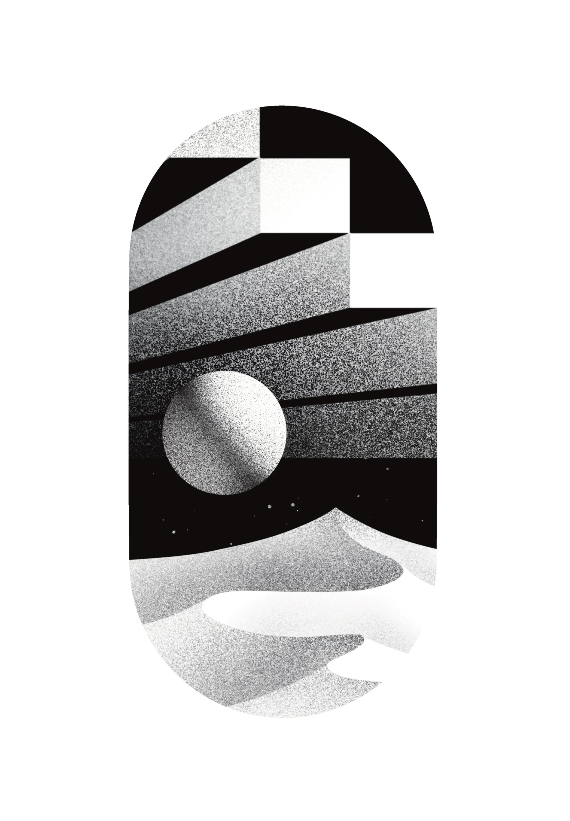Abstract black and white geometric illustration with various shapes and textured shading. Stippling whip shading dotwork blackwork tattoo design flash.