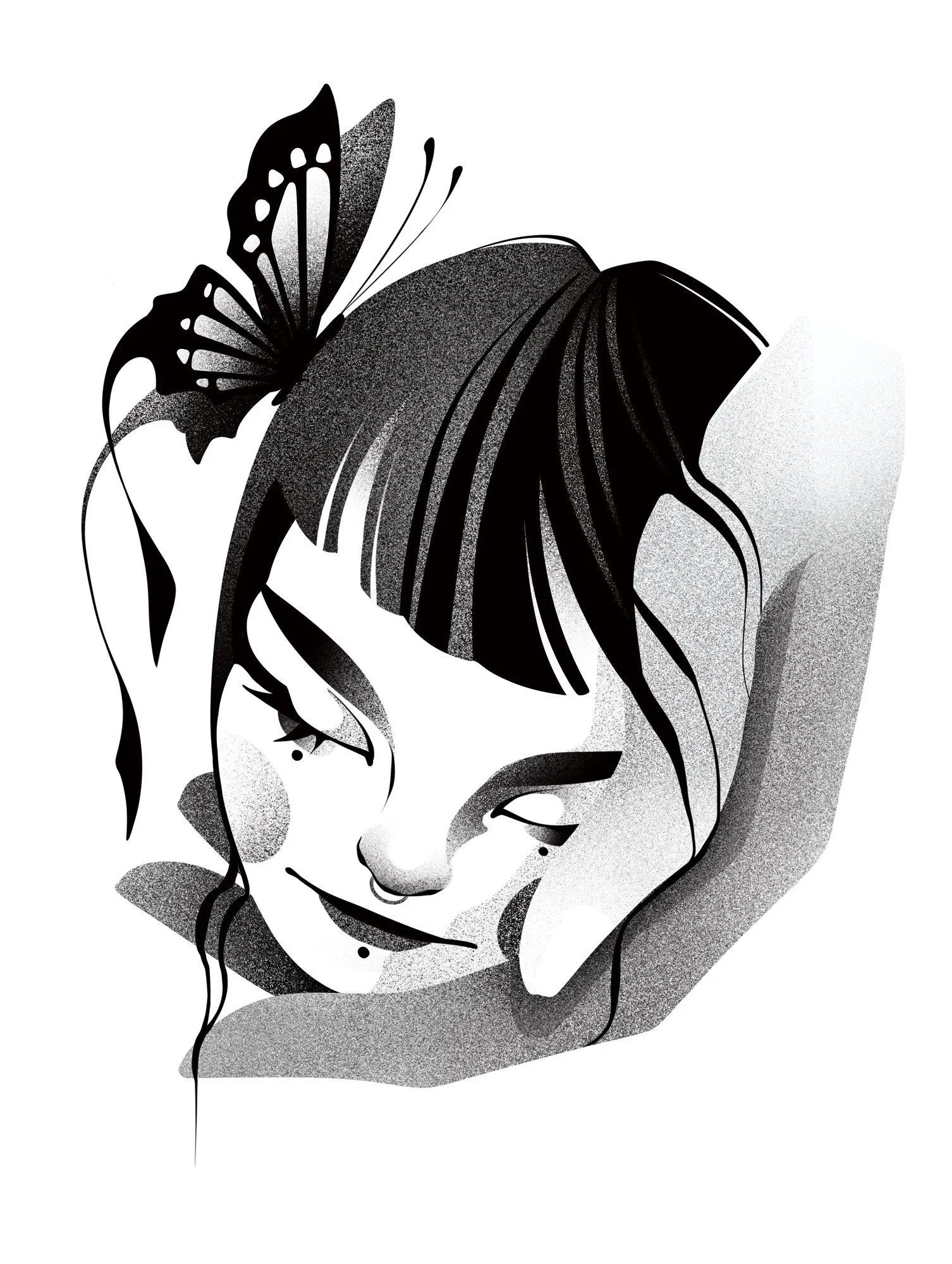 Black and white digital illustration of a woman's face with her eyes closed, long hair, and a flower near her face. Stippling whip shading dotwork blackwork tattoo design flash.  קעקועים תל אביב שחור לבן אפור סטיפלינג דוטוורק