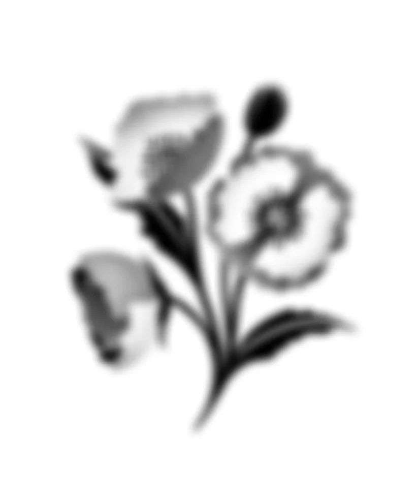 Black and white illustration of a flower bouquet with three flowers and a few leaves.