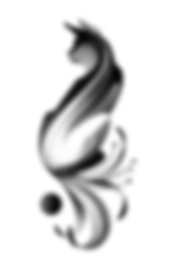 A black and white stylized seahorse illustration with decorative swirls.