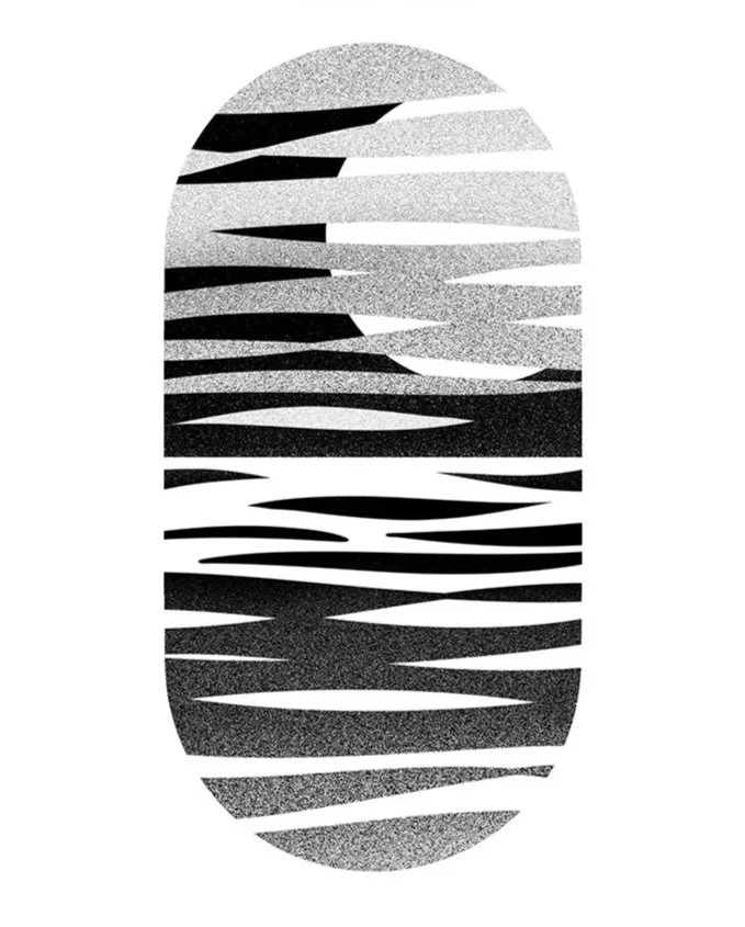 Stylized black and white water waves and sunset silhouette with a textured background.