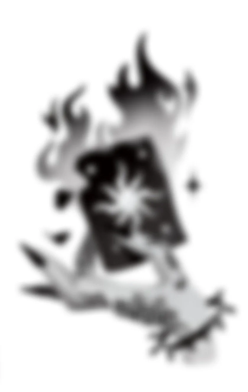 The image features a hand with card surrounded by flames with a sun in the center, all in black and white with a high-contrast, artistic style.