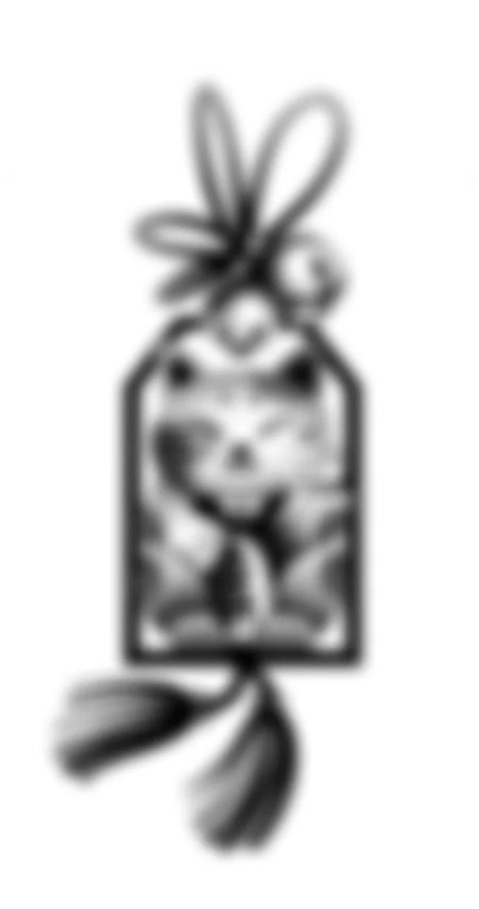 Black and white illustration of a maneki neko in a frame, with a ribbon bow at the top and tassels at the bottom.