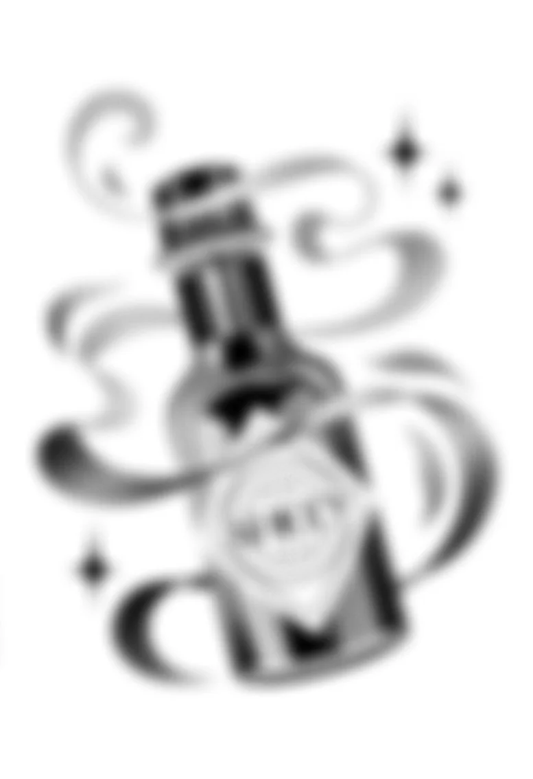 A black and white illustration of a spicy sauce bottle as tabasco, surrounded by ribbon-like smoke and small star accents. Stippling whip shading dotwork blackwork tattoo design flash.