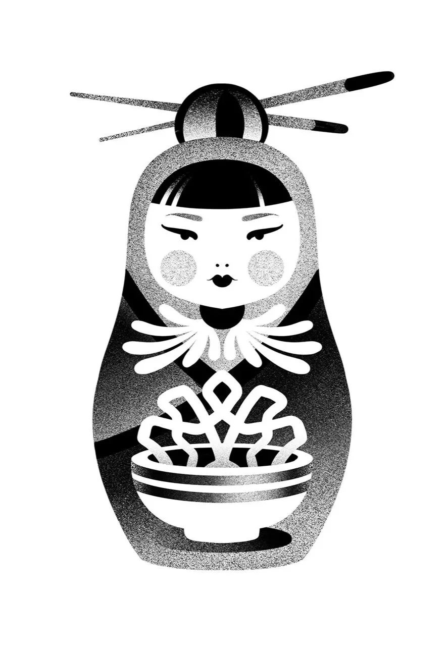 Black and white illustration of a traditional Japanese doll with a bowl of noodles, featuring a woman with closed eyes, rosy cheeks, and a headpiece with chopsticks.